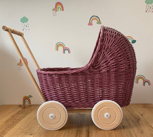 WICKER PRAM | doll pram | wicker doll pram UK |baby doll pram | pram toy | wooden pram | baby pram | wicker dolls pram | purple