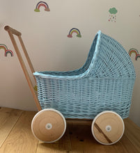 Load image into Gallery viewer, WICKER PRAM | doll pram | wicker doll pram UK |baby doll pram | pram toy | wooden pram | baby pram | wicker dolls pram | light blue
