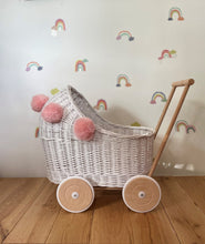 Load image into Gallery viewer, Wicker pram with light pink pompoms &amp; bedding included, doll pram, baby doll pram, pram toy, wooden pram, wicker dolls pram, WHITE
