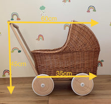 Load image into Gallery viewer, Luxury set of cream wicker doll stroller and wicker crib with bow, bedding, bow and name tag included.
