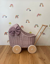 Load image into Gallery viewer, LUXURY wicker pram with bow and bedding included, doll pram, wicker pram, baby doll pram, pram toy, wooden pram, wicker dolls pram,Pale pink
