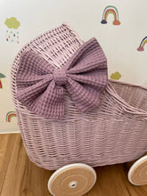 Load image into Gallery viewer, LUXURY wicker pram with bow and bedding included, doll pram, wicker pram, baby doll pram, pram toy, wooden pram, wicker dolls pram,Pale pink
