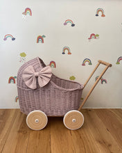 Load image into Gallery viewer, LUXURY wicker pram with bow and bedding included, doll pram, wicker pram, baby doll pram, pram toy, wooden pram, wicker dolls pram,Pale pink
