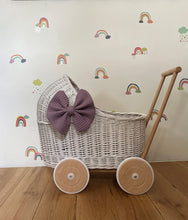 Load image into Gallery viewer, LUXURY wicker pram with bow and bedding included, doll pram, wicker pram, baby doll pram, pram toy, wooden pram, wicker dolls pram, WHITE
