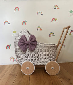 LUXURY wicker pram with bow and bedding included, doll pram, wicker pram, baby doll pram, pram toy, wooden pram, wicker dolls pram, WHITE