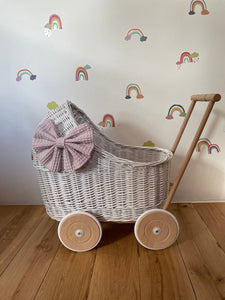 LUXURY wicker pram with bow and bedding included, doll pram, wicker pram, baby doll pram, pram toy, wooden pram, wicker dolls pram, WHITE