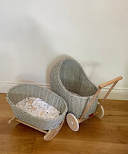 Load image into Gallery viewer, Set of wicker doll stroller and wicker crib in light grey, doll pram set
