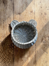 Load image into Gallery viewer, Light grey, hanging wicker basket, basket with with ears, teddy hanging basket, wall basket, kids room basket, wicker basket,
