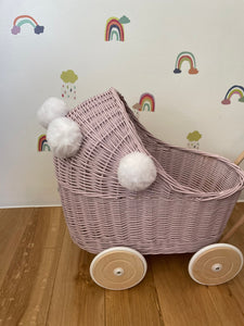 Wicker pram with pompoms & bedding included, doll pram, doll pram UK, baby doll pram, pram toy, wooden pram, wicker dolls pram, Pale pink