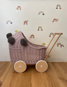 Wicker pram with pompoms & bedding included, doll pram, doll pram UK, baby doll pram, pram toy, wooden pram, wicker dolls pram, Pale pink