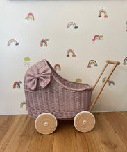 Load image into Gallery viewer, LUXURY wicker pram with bow and bedding included, doll pram, wicker pram, baby doll pram, pram toy, wooden pram, wicker dolls pram,Pale pink
