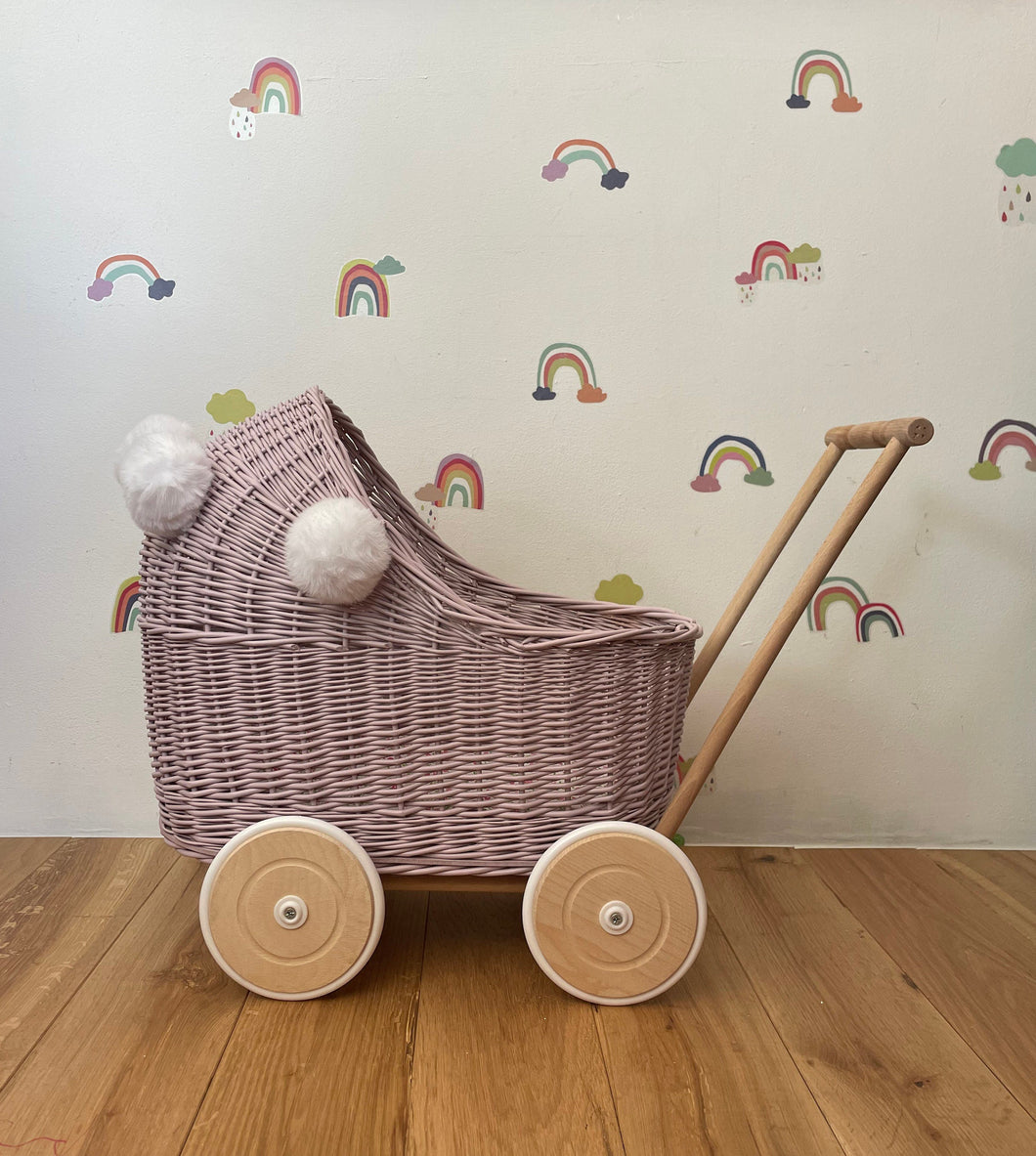 Wicker pram with pompoms & bedding included, doll pram, doll pram UK, baby doll pram, pram toy, wooden pram, wicker dolls pram, Pale pink