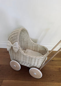 LUXURY wicker pram with bow and bedding included, doll pram, wicker pram, baby doll pram, pram toy, wooden pram, wicker dolls pram, CREAM