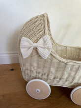 Load image into Gallery viewer, LUXURY wicker pram with bow and bedding included, doll pram, wicker pram, baby doll pram, pram toy, wooden pram, wicker dolls pram, CREAM
