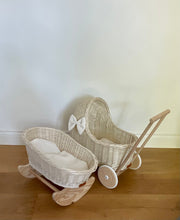 Load image into Gallery viewer, LUXURY wicker pram with bow and bedding included, doll pram, wicker pram, baby doll pram, pram toy, wooden pram, wicker dolls pram, CREAM
