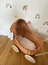 Load image into Gallery viewer, LUXURY wicker pram with white bow and bedding included, doll pram, wicker pram, baby doll pram, wooden pram, wicker dolls pram, NATURAL
