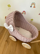 Load image into Gallery viewer, LUXURY wicker pram with white bow and bedding included, doll pram, wicker pram, baby doll pram, wooden pram, PALE Pink
