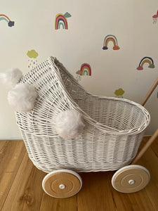 Wicker pram with white pompoms, nametag & bedding included, doll pram, baby doll pram, pram toy, wooden pram, wicker dolls pram, WHITE