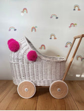 Load image into Gallery viewer, Wicker pram with dark pink pompoms, nametag &amp; bedding included, doll pram, baby doll pram, pram toy, wooden pram, wicker dolls pram, WHITE
