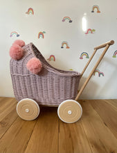 Load image into Gallery viewer, Wicker pram with light pink pompoms, nametag &amp; bedding included, doll pram, baby doll pram, pram toy, wicker dolls pram, PALE PINK
