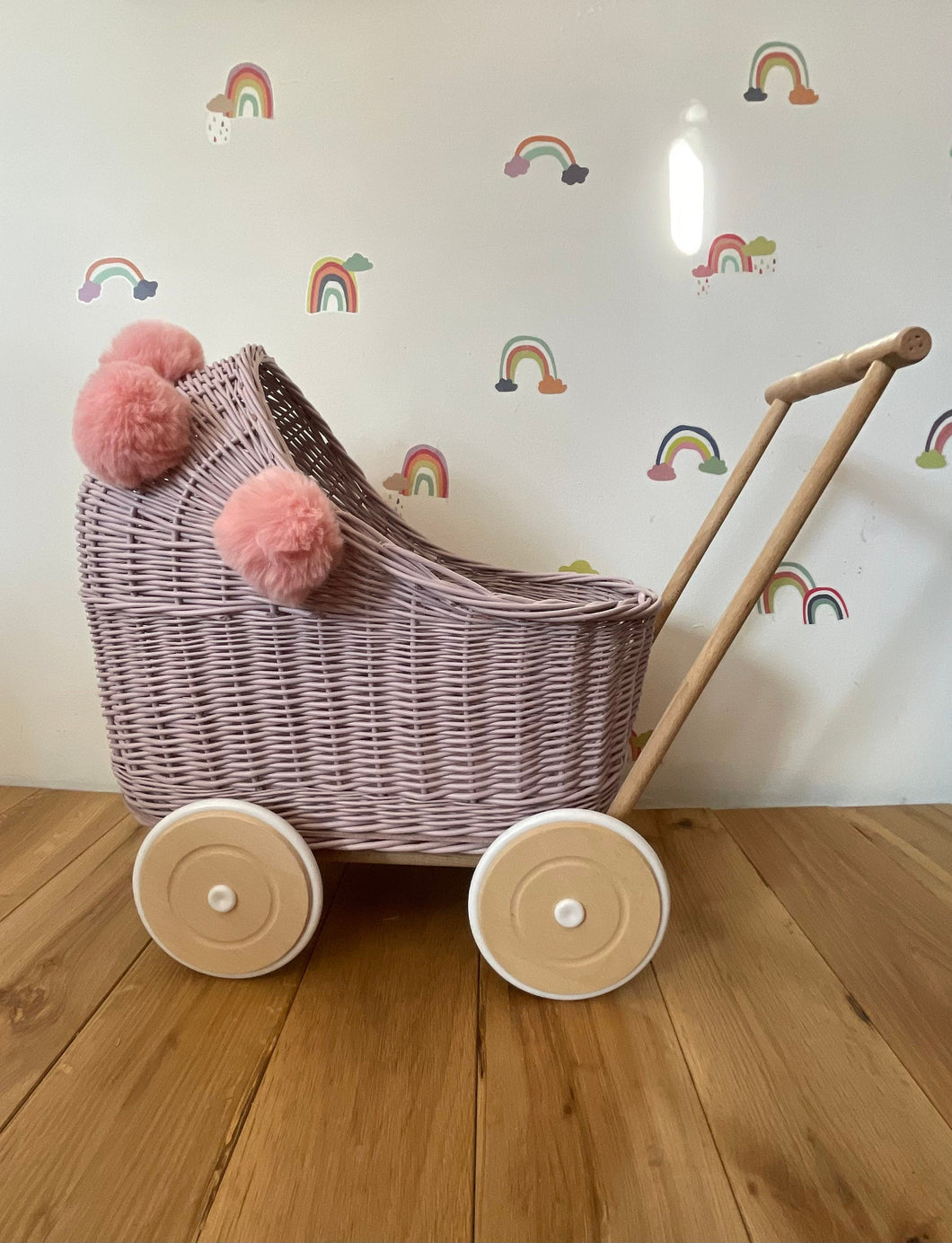 Wicker pram with light pink pompoms, nametag & bedding included, doll pram, baby doll pram, pram toy, wicker dolls pram, PALE PINK