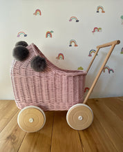 Load image into Gallery viewer, Wicker pram with grey pompoms, nametag &amp; bedding included, doll pram, baby doll pram, pram toy, wicker dolls pram, LIGHT PINK
