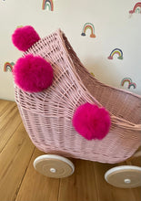 Load image into Gallery viewer, Wicker pram with pink pompoms, nametag &amp; bedding included, doll pram, baby doll pram, pram toy, wicker dolls pram, LIGHT PINK
