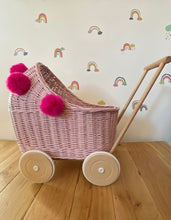 Load image into Gallery viewer, Wicker pram with pink pompoms, nametag &amp; bedding included, doll pram, baby doll pram, pram toy, wicker dolls pram, LIGHT PINK
