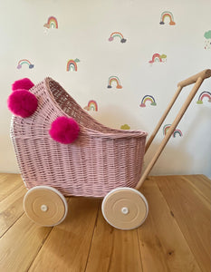 Wicker pram with pink pompoms, nametag & bedding included, doll pram, baby doll pram, pram toy, wicker dolls pram, LIGHT PINK