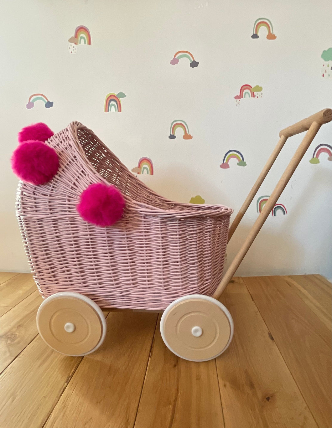 Wicker pram with pink pompoms, nametag & bedding included, doll pram, baby doll pram, pram toy, wicker dolls pram, LIGHT PINK