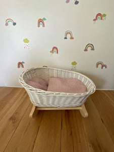 Luxury white dolls cradle, wicker crib with light pink bedding included, dolls wicker rocker, dolls cradle, moses basket, Sofishop cradle