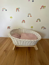 Load image into Gallery viewer, Luxury white dolls cradle, wicker crib with bedding included, dolls wicker rocker, dolls cradle, doll mosses basket, Light pink bedding
