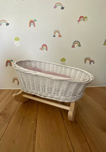 Luxury white dolls cradle, wicker crib with bedding included, dolls wicker rocker, dolls cradle, doll mosses basket, Dusty pink bedding