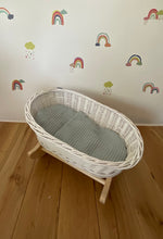 Load image into Gallery viewer, Luxury white dolls cradle, wicker crib with bedding included, dolls wicker rocker, dolls cradle, doll mosses basket, Green bedding
