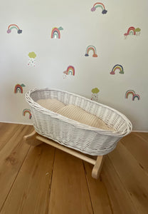 Luxury white dolls cradle, wicker crib with bedding included, dolls wicker rocker, dolls cradle, doll mosses basket, Cream bedding