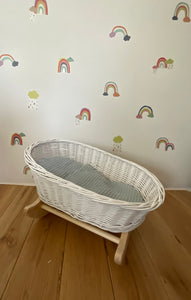 Luxury white dolls cradle, wicker crib with bedding included, dolls wicker rocker, dolls cradle, doll mosses basket, Green bedding