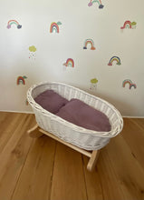 Load image into Gallery viewer, Luxury white dolls cradle, wicker crib with bedding included, dolls wicker rocker, dolls cradle, doll mosses basket, Purple bedding
