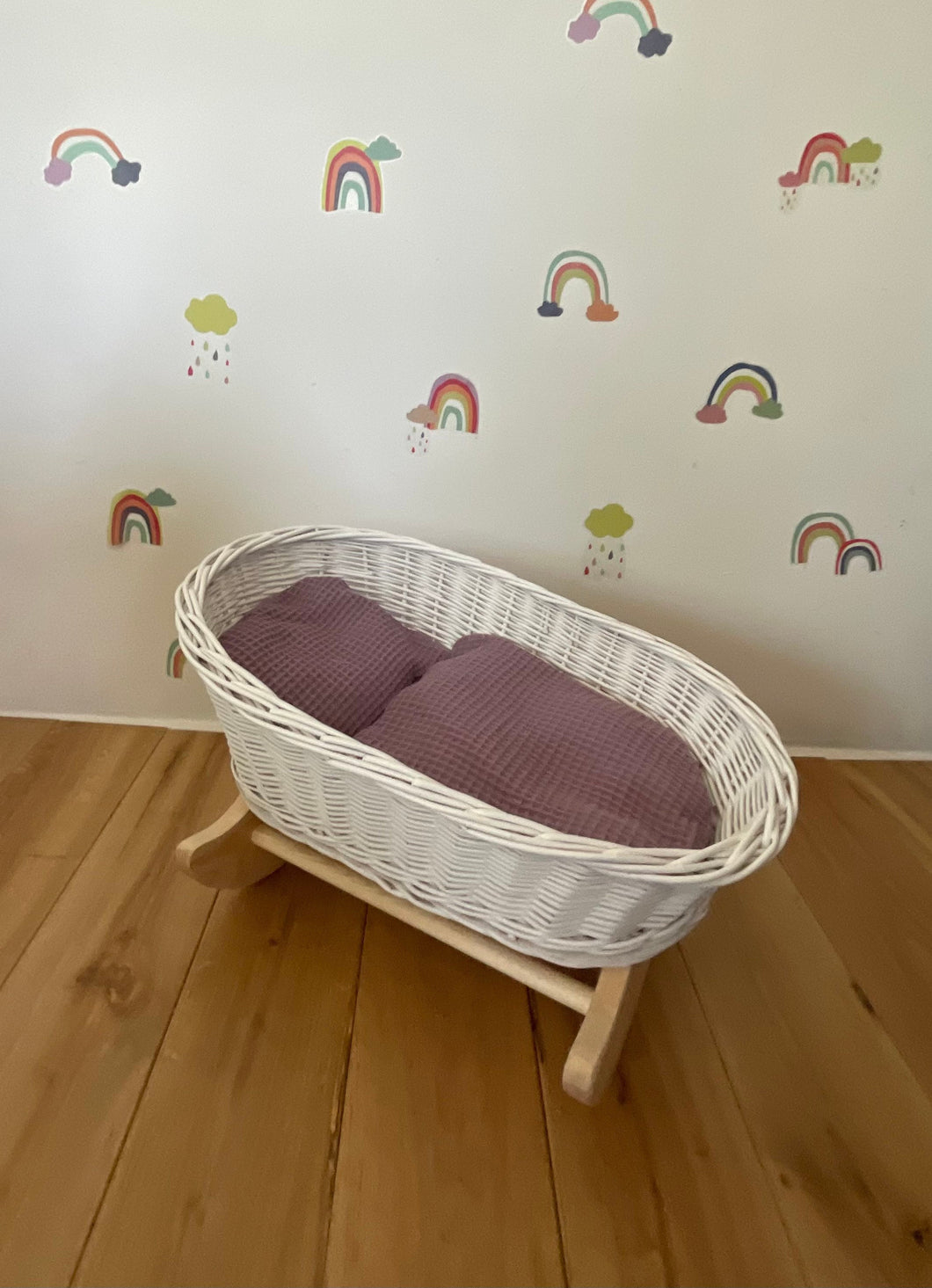 Luxury white dolls cradle, wicker crib with bedding included, dolls wicker rocker, dolls cradle, doll mosses basket, Purple bedding