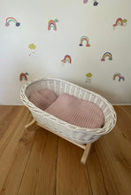 Load image into Gallery viewer, Luxury white dolls cradle, wicker crib with light pink bedding included, dolls wicker rocker, dolls cradle, moses basket, Sofishop cradle
