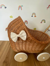 Load image into Gallery viewer, LUXURY wicker pram with cream bow and bedding included, doll pram, wicker pram, baby doll pram, wooden pram, wicker dolls pram, NATURAL
