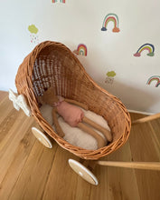 Load image into Gallery viewer, LUXURY wicker pram with cream bow and bedding included, doll pram, wicker pram, baby doll pram, wooden pram, wicker dolls pram, NATURAL
