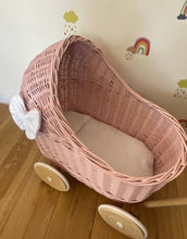 Load image into Gallery viewer, LUXURY wicker pram with white bow and bedding included, doll pram, wicker pram, baby doll pram, wooden pram, LIGHT PINK
