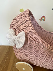 LUXURY wicker pram with white bow and bedding included, doll pram, wicker pram, baby doll pram, wooden pram, LIGHT PINK