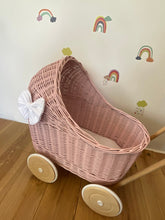 Load image into Gallery viewer, LUXURY wicker pram with white bow and bedding included, doll pram, wicker pram, baby doll pram, wooden pram, LIGHT PINK
