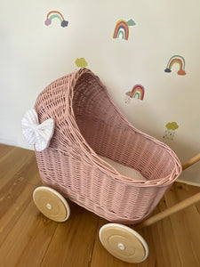 LUXURY wicker pram with white bow and bedding included, doll pram, wicker pram, baby doll pram, wooden pram, LIGHT PINK