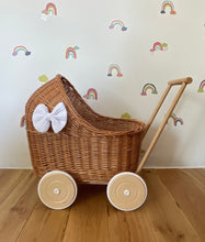 Load image into Gallery viewer, LUXURY wicker pram with white bow and bedding included, doll pram, wicker pram, baby doll pram, wooden pram, wicker dolls pram, NATURAL
