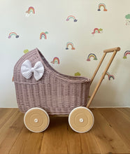 Load image into Gallery viewer, LUXURY wicker pram with white bow and bedding included, doll pram, wicker pram, baby doll pram, wooden pram, PALE Pink
