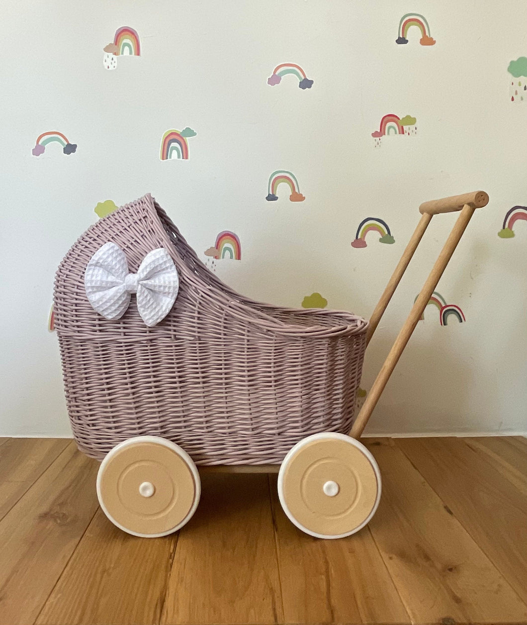 LUXURY wicker pram with white bow and bedding included, doll pram, wicker pram, baby doll pram, wooden pram, PALE Pink