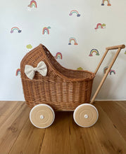 Load image into Gallery viewer, LUXURY wicker pram with cream bow and bedding included, doll pram, wicker pram, baby doll pram, wooden pram, wicker dolls pram, NATURAL
