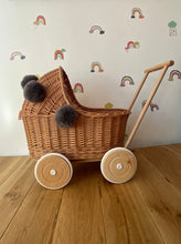Load image into Gallery viewer, Wicker pram with grey pompoms, nametag &amp; bedding included, doll pram, baby doll pram, pram toy, wooden pram, wicker dolls pram, NATURAL
